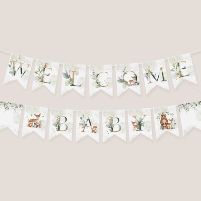 Greenery Woodland Animals Baby Shower Dekorations Vimplar (Greenery woodland baby shower Welcome baby bunting flag)