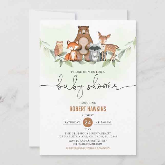 Greenery Woodland Animals Baby Shower Inbjudningar (Framsida)