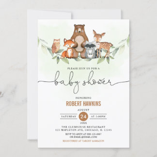 Greenery Woodland Animals Baby Shower Inbjudningar