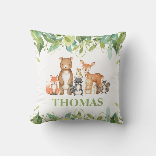 Greenery Woodland Animals Birth Stats Boy Nursery Kudde (Framsida)