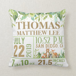 Greenery Woodland Animals Birth Stats Boy Nursery Kudde