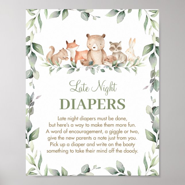 Greenery Woodland Animals Late Night Diaper Sign Poster (Framsidan)