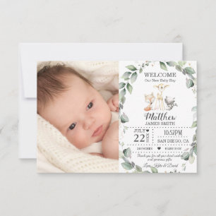 Greenery Woodland Animals Nyfödd bebis Boy Photo B Meddelande
