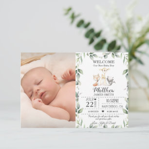 Greenery Woodland Animals Nyfödd bebis Boy Photo B Meddelande