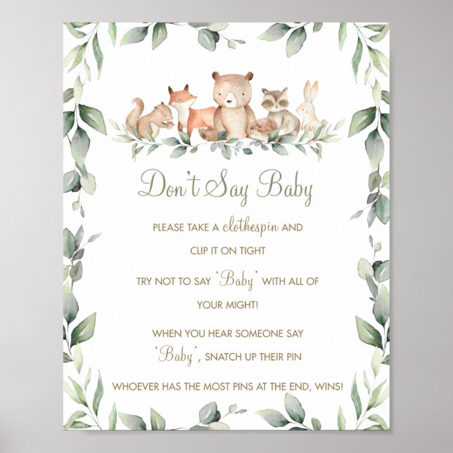 Greenery Woodland Animals säger inte Baby Game Poster (Framsidan)