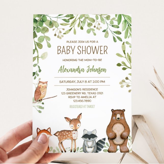 Greenery Woodland Baby Shower Inbjudningar (Forest Animals Baby Shower Invitation)