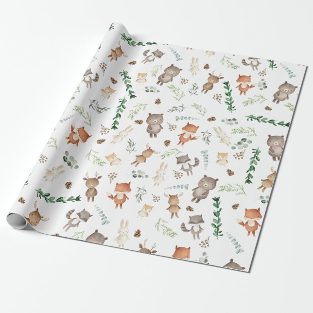 Greenery Woodland Forest Animals Baby Birthday Presentpapper (Utrullad)