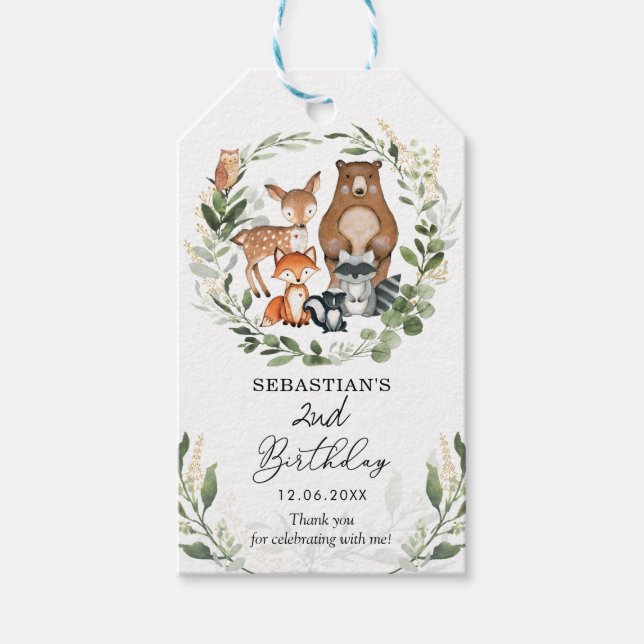 Greenery Woodland Forest Animals Birthday Favors Presentetikett (Framsidan)