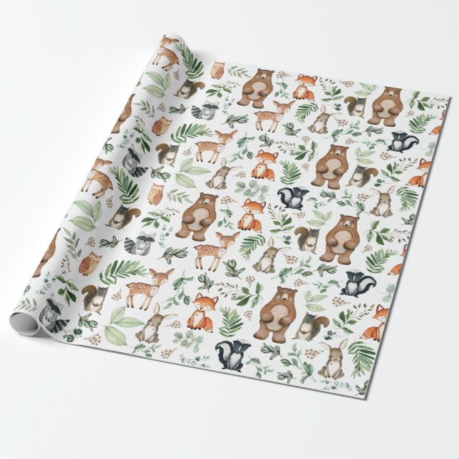 Greenery Woodland Forest Animals Birthday Vild 1 Presentpapper (Utrullad)
