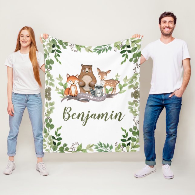 Greenery Woodland Forest Animals Boy Nursery Fleecefilt (På plats)