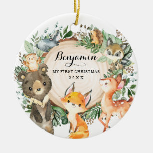 Greenery Woodland Forest Animals Första jul Julgransprydnad Keramik