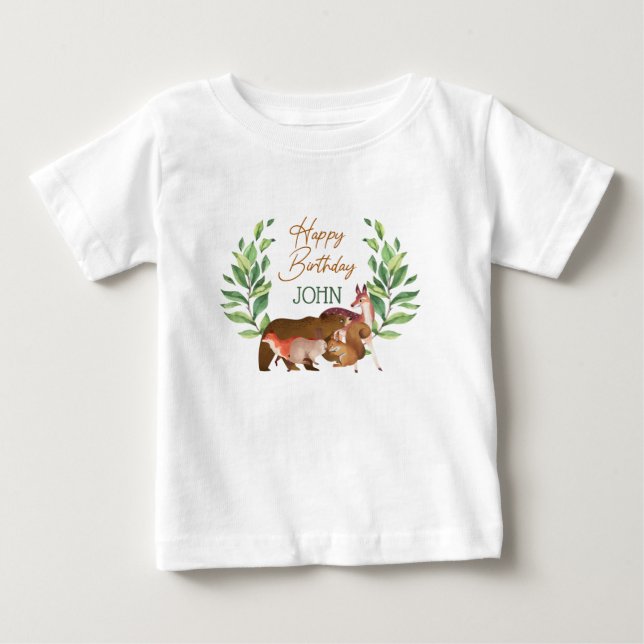 Greenery Woodland Forest Animals Grattis på födels T Shirt (Framsida)