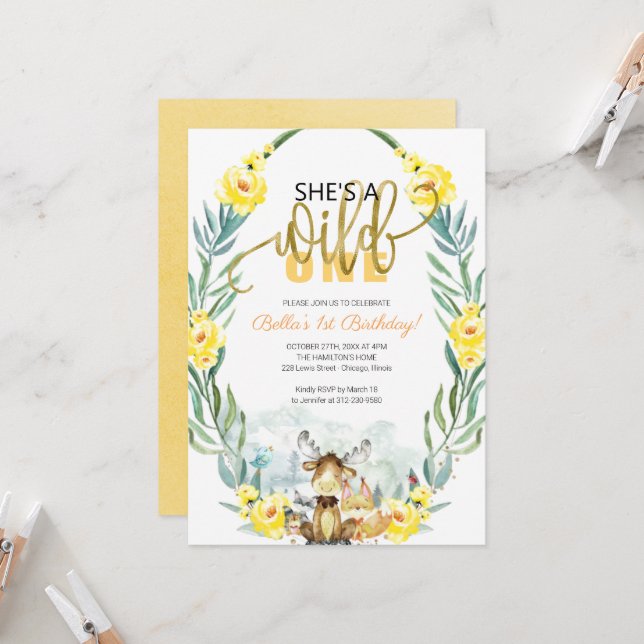 Greenery Woodland Hon är en Vild en första födelse Inbjudningar (Fram/Back In Situ)