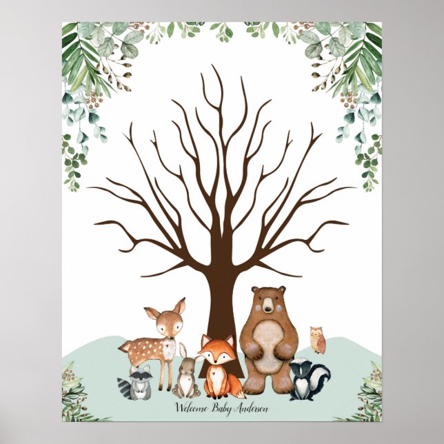 Greenery Woodland Thumbprint Träd Guestbook-tecken Poster (Framsidan)