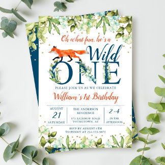 Greenery Woodland Vild 1 Fox första födelsedag Inbjudningar
