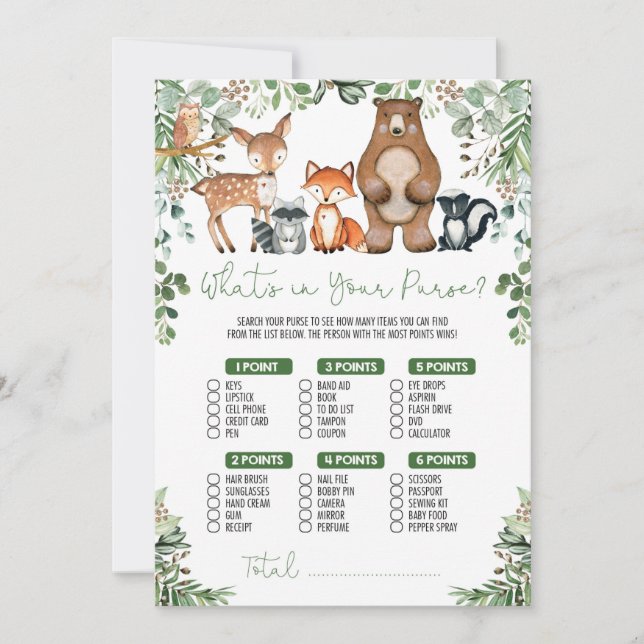 Greenery Woodland What's in your Purse Game Card Inbjudningar (Framsida)