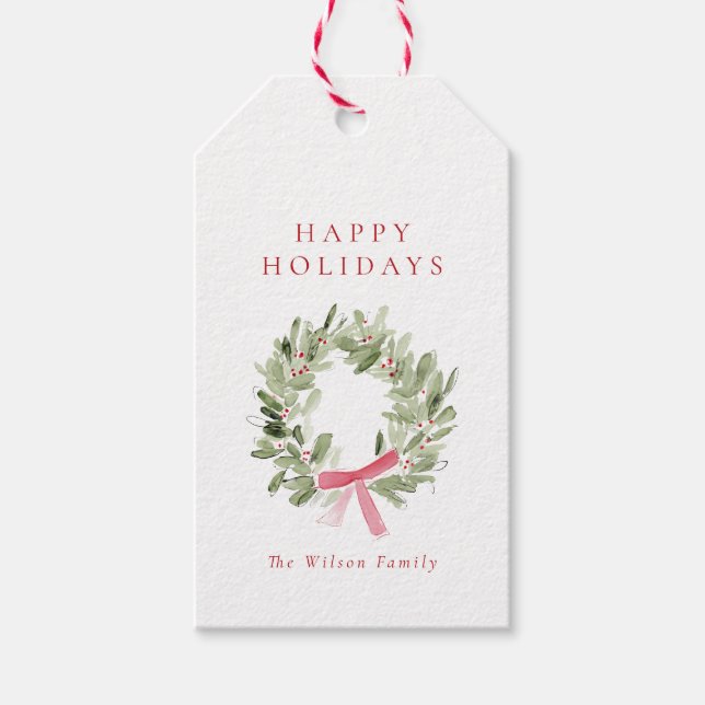 Greenery Wreath & Red Bow Holiday Presentetikett (Framsidan)