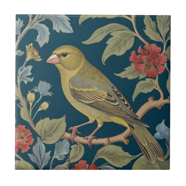 Greenfinch William Morris stil L Grönt Finch Bird Kakelplatta (Framsidan)