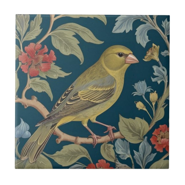 Greenfinch William Morris stil R Grönt Finch Bird Kakelplatta (Framsidan)