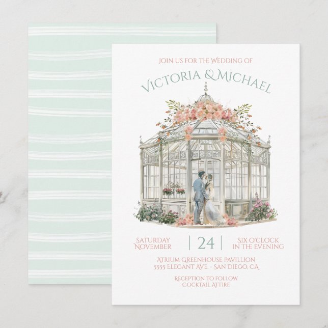 Greenhouse Bride & Groom Venue Bröllop Watercolor Inbjudningar (Fram/baksida)