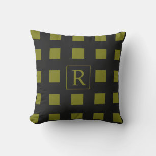 Greenish Gult Squares Mönster Monogram Black Kudde