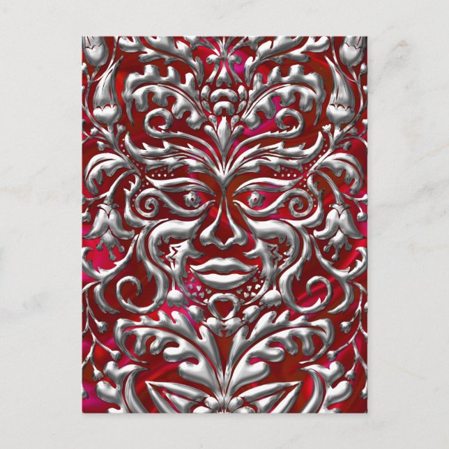 GreenMan i flytande silverdamast  röd satinprint Vykort (Framsida)