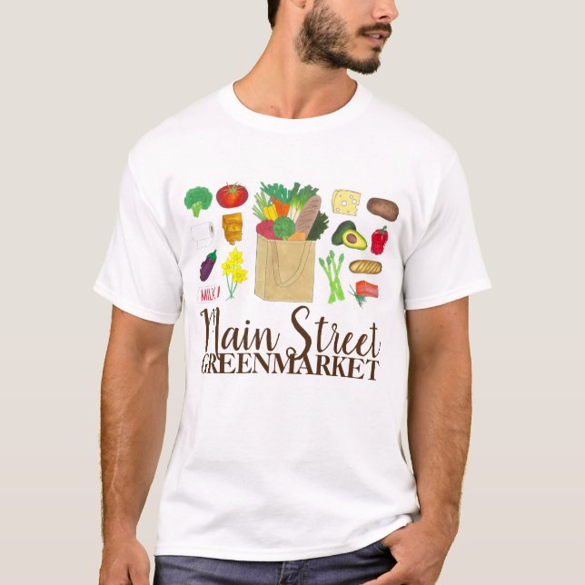 Greenmarket Livsmedel som köper frukt, grönsaker o T Shirt (Framsida)