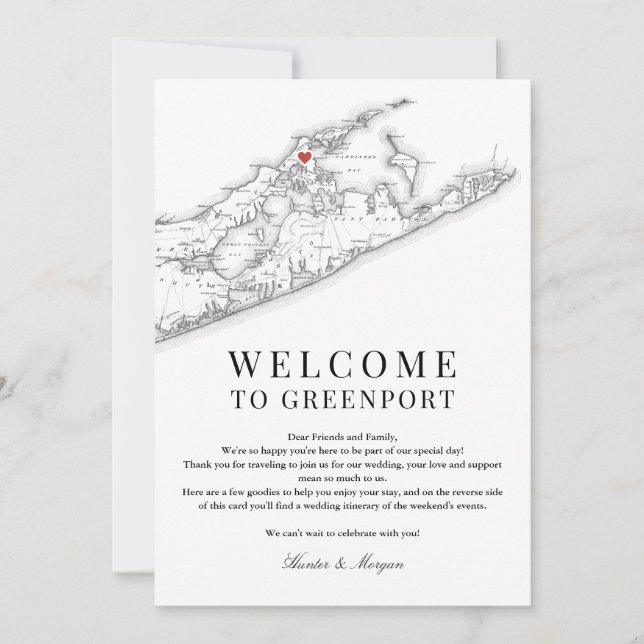 Greenport NY Karta Bröllop Välkomstordsvit Tack Kort (Framsida)
