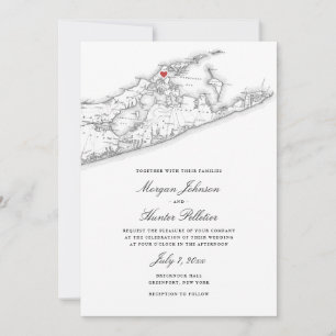 Greenport NY Karta Elegant Black White Bröllop Inbjudningar