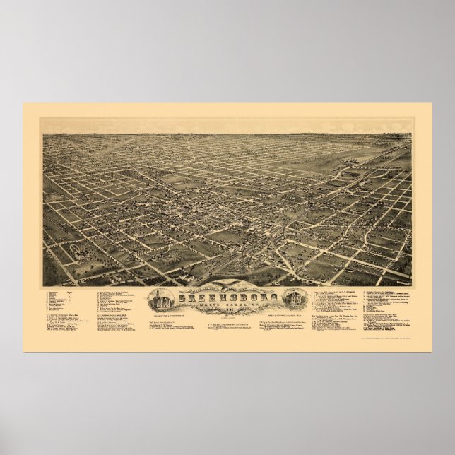 Greensboro, NC Panoramic Karta - 1891 Poster (Framsidan)