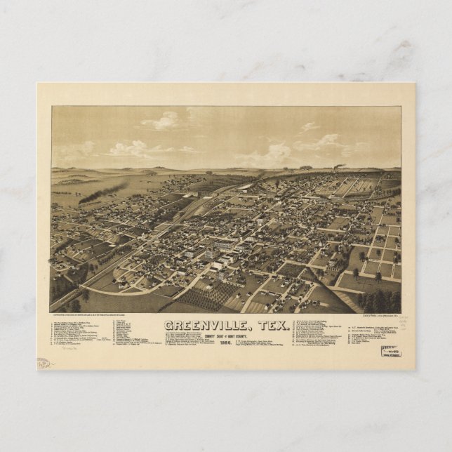 Greenville Hunt County Texas Karta (1886) Vykort (Framsida)