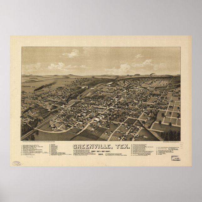 Greenville Texas 1886 Antique Panoramic Karta Poster (Framsidan)