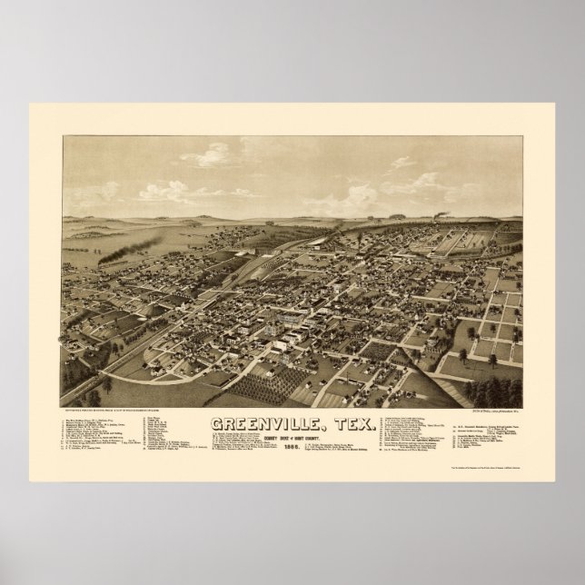 Greenville, TX Panoramic Karta - 1886 Poster (Framsidan)