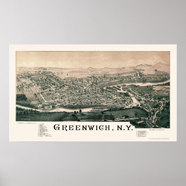 Greenwich, NY Panoramic Karta - 1885 Poster (Framsidan)