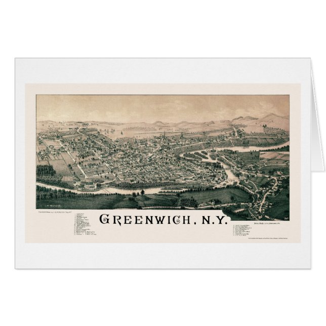 Greenwich panorama- karta för NY - 1885 Hälsningskort (Framsidan Horizontal)