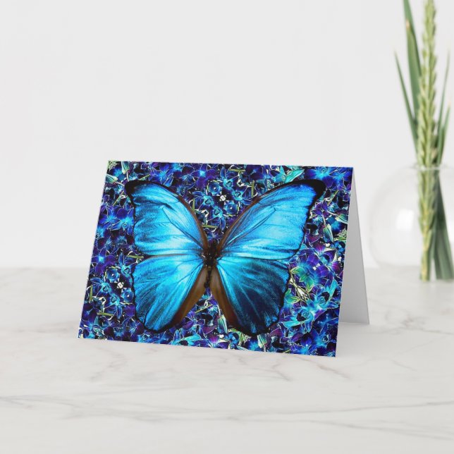 Greeting Card Blue Morpho Butterfly Lila Orchids Kort (Framsida)