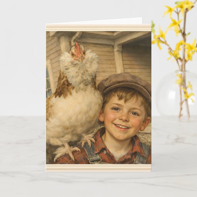 Greeting Card -Cute Boy With Chicken  Kort (Gul blomma)