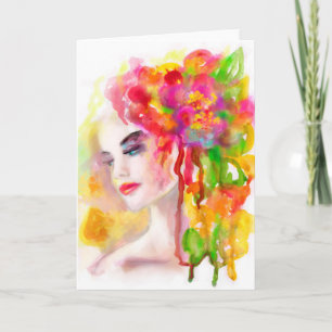 Greeting Card, Teckning vatten färg. Woman vår Kort