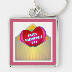 GREETINGKORT "HAPPY VALENTINE'S DAY" FYRKANTIG SILVERFÄRGAD NYCKELRING