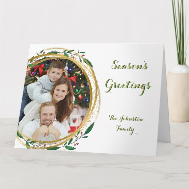 Greetings för Photo Circle Guld Grönt & Red Season Kort (Framsida)