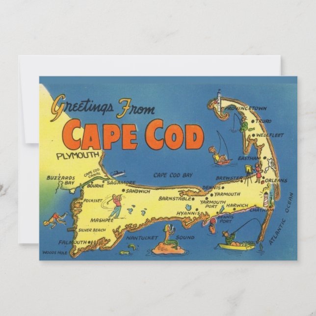 Greetings From Cape Cod 5x7 Map Postcard Tack Kort (Framsida)