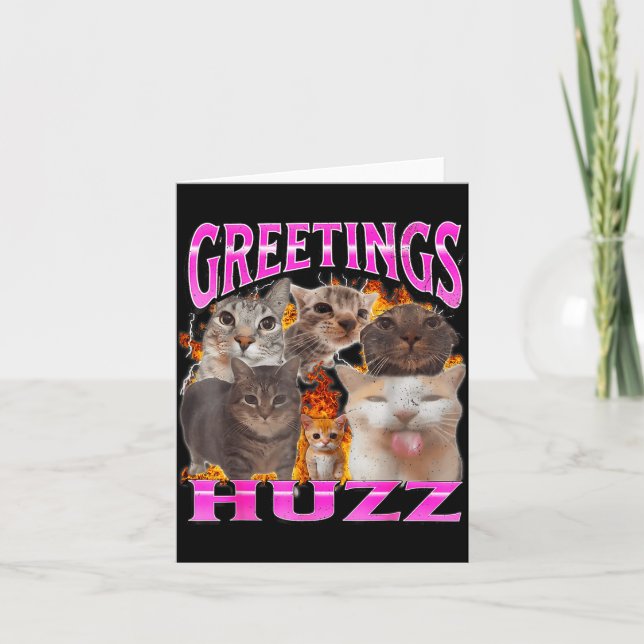 Greetings Huzz Funny Cat Meme Bootleg Graphic Men  Kort (Framsida)