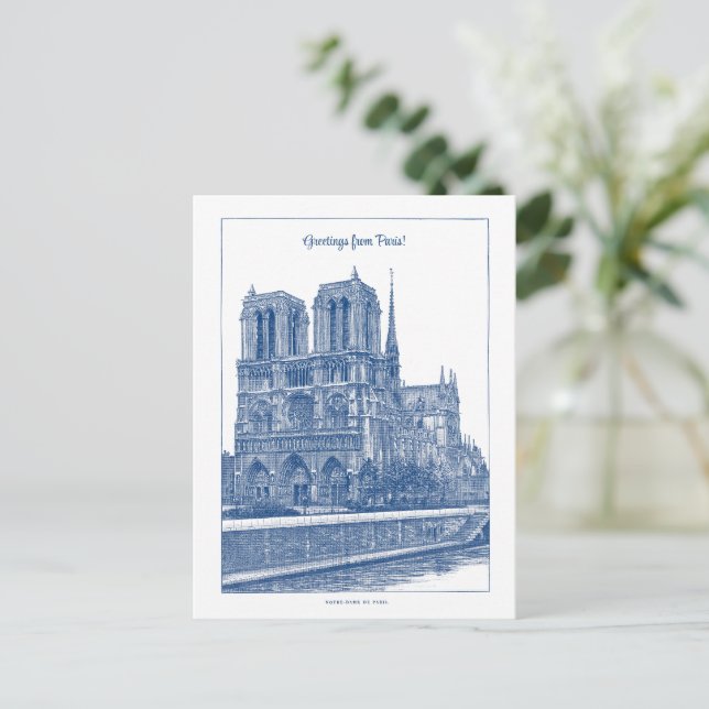 Greetins från Paris Elegant Blue Retro Notre Dame Vykort (Stående Fram)