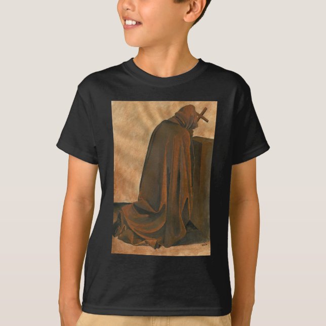 Gregorian Munk in Prayer Wearing Hooded Cassock Tee Shirt (Framsida)
