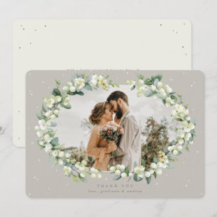 Greige/Cream Snowberry+Eucalyptus Bröllop Photo Tack Kort