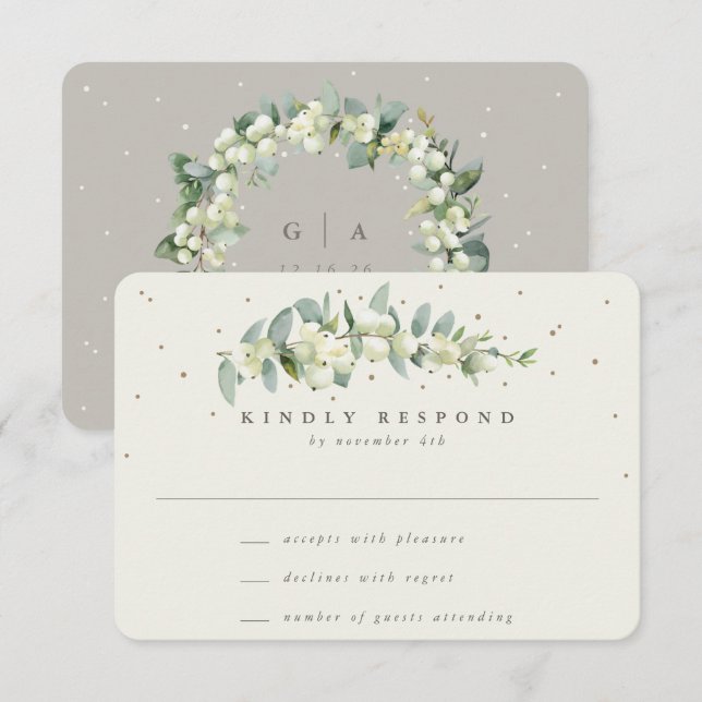 Greige/Cream Snowberry+Eucalyptus Stem Bröllop OSA Kort (Fram/baksida)