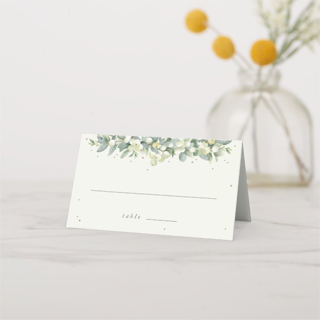 Greige/Crème Snowberry+Eucalyptus Bröllop Placeringskort (Framsida)