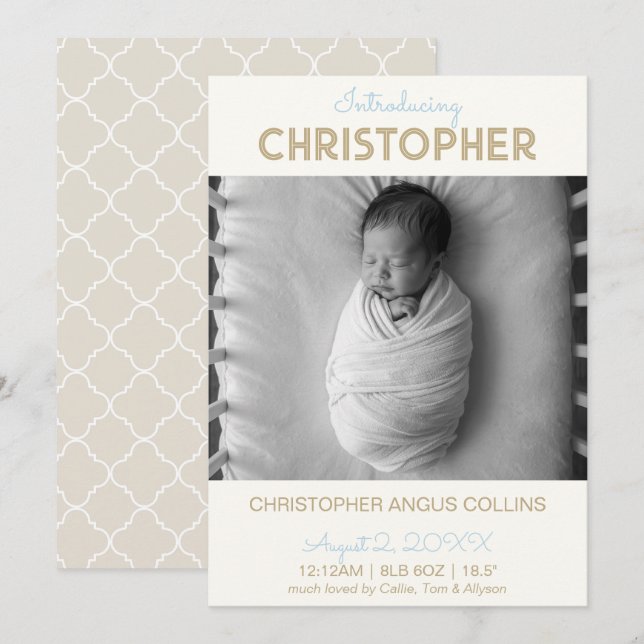Greige Modern Quatrefoil Birth Announcement Card (Fram/baksida)