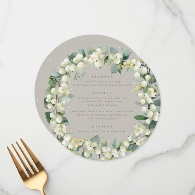 Greige Snowberry+Eucalyptus 3 Course Bröllop Meny (Fram/Back In Situ)