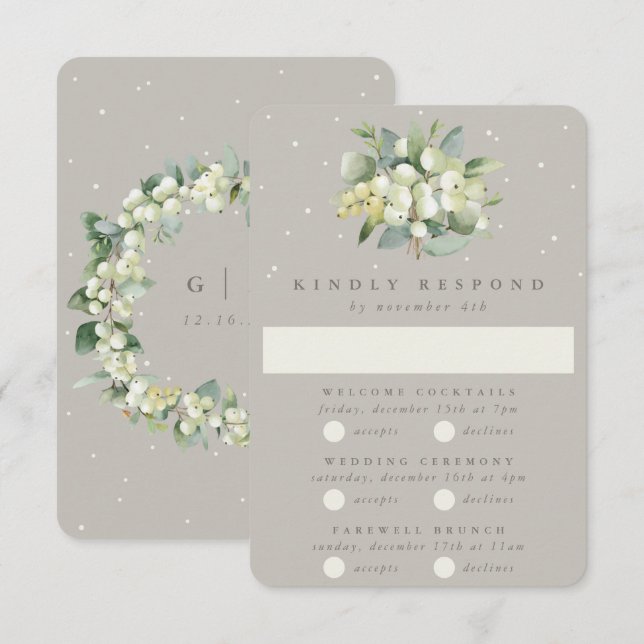 Greige Snowberry+Eucalyptus Bröllop Multi-Event OSA Kort (Fram/baksida)